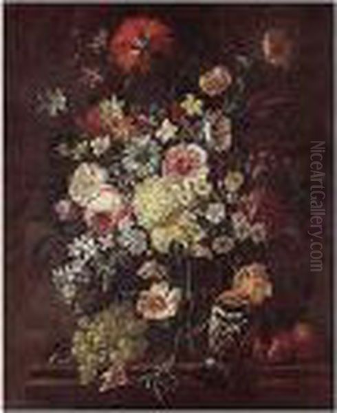 A Still Life Of Roses, Carnations, Daisies, Morning Glory, Camelias And Lilacs In A Glass Vase, Together With A Hoopoe, Grapes, Peaches And A Snail Oil Painting by Philip Van Kouwenbergh