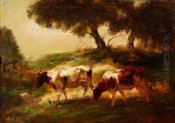 Twee Koeien In Boomrijk Landschap Oil Painting by Fedor Van Kregten