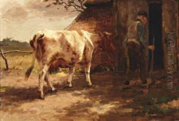 Boer Met Koe Bij De Stal Oil Painting by Fedor Van Kregten