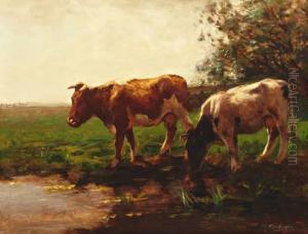 Twee Koeien Aan De Slootkant Oil Painting by Fedor Van Kregten