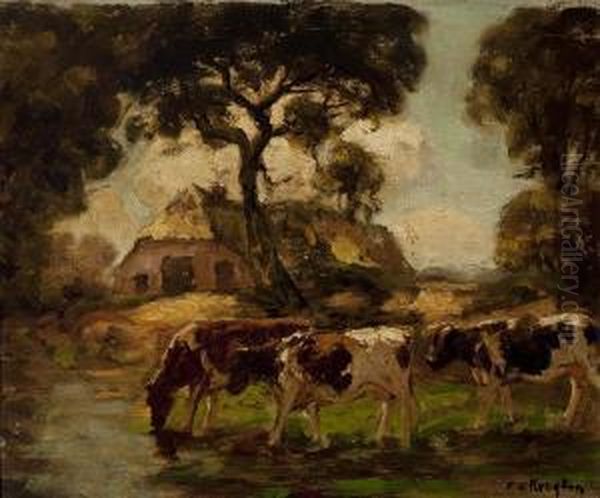 Three Cows Near A Farm On A Sunnyday Oil Painting by Fedor Van Kregten