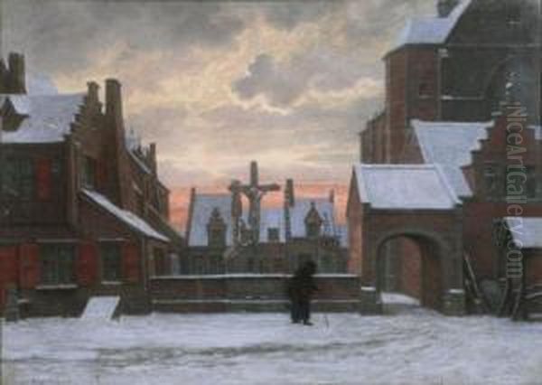 Wintertafereel In Het Begijnhof Oil Painting by Frans Pieter Van Kuyck