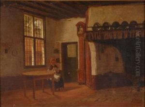 Dutch Kitchen Interior With Woman At Her Mending Oil Painting by Frans Pieter Van Kuyck