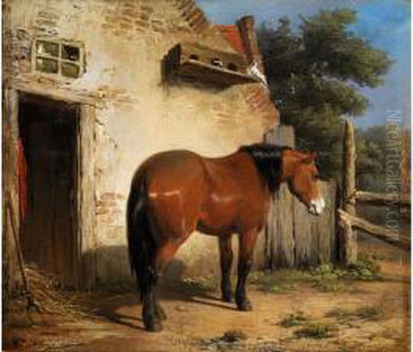 Braunes Pferd Vor Altemstallgebaude Oil Painting by Jean Louis van Kuyck