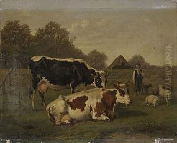 Pastor Con Vacas Y Corderos,1859 Oil Painting by Jean Louis van Kuyck