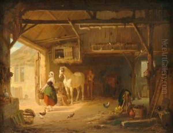 Stableinterior With Figures, Poultry And Horse Oil Painting by Jean Louis van Kuyck