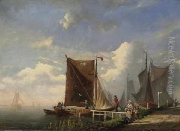 Fisherman In A Dutch Coastal Landscape Oil Painting by Bartol Wilhelm Van Laar