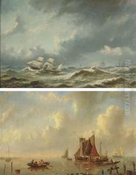 Steamers On A Stormy Sea; And Shipping On A Calm Oil Painting by Bartol Wilhelm Van Laar