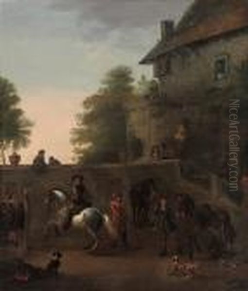 Riders In A Courtyard Oil Painting by Pieter Van Laer (BAMBOCCIO)