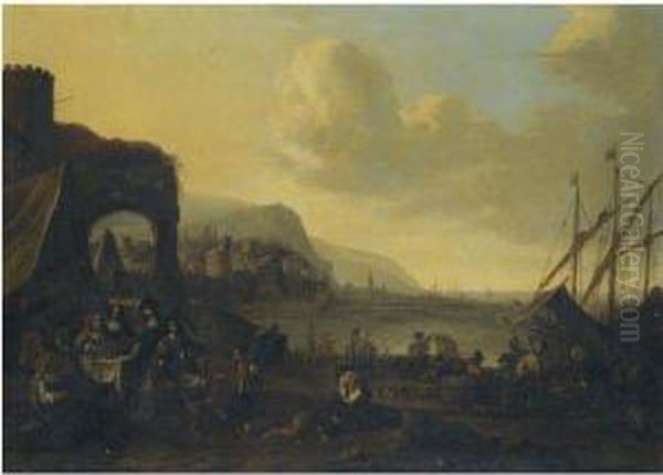 A Harbour Scene With Figures Unloading Cargo Oil Painting by Pieter Boddingh Van Laer