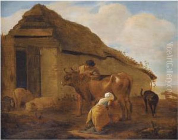 A Landscape With A Milkmaid, A Cow And Livestock Oil Painting by Pieter Boddingh Van Laer