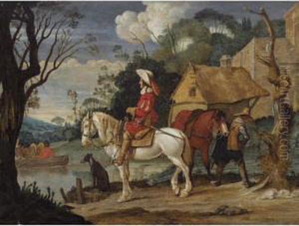 River Landscape With Cavaliers Waiting For A Ferry Oil Painting by Pieter Boddingh Van Laer