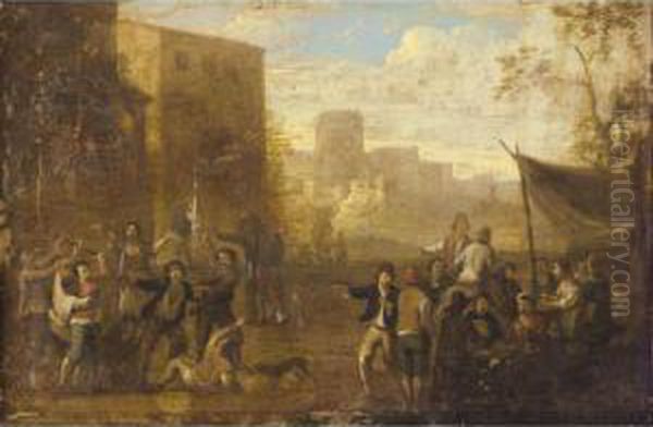 An Italianate Street Scene With Figures Brawling And Playing Cards Oil Painting by Pieter Boddingh Van Laer