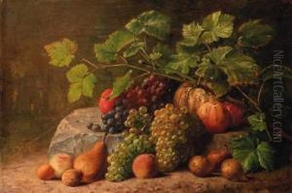 A Still Life With A Vine, Pears, Apples And A Pumpkin Oil Painting by Clotildis Van Lamsweerde