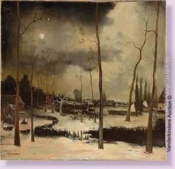 Paysage Enneige Au Clair De Lune Oil Painting by Gaston Van Landeghem