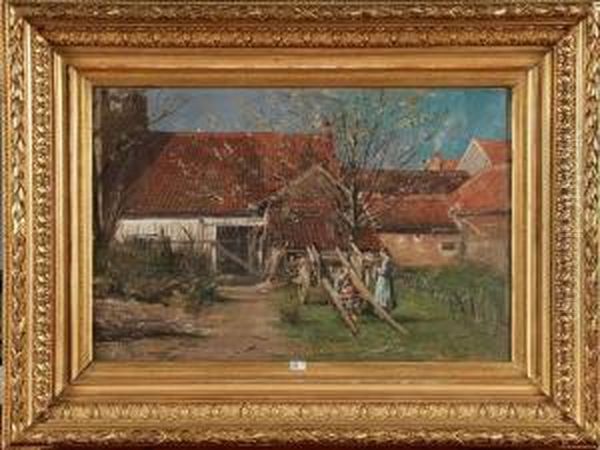 Cour De Ferme Animee Oil Painting by Charles Joseph Van Landuyt