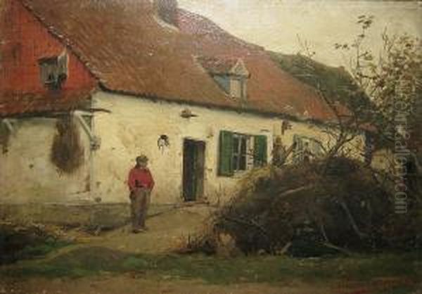 Boer Voor Z'n Boerderij. Oil Painting by Charles Joseph Van Landuyt