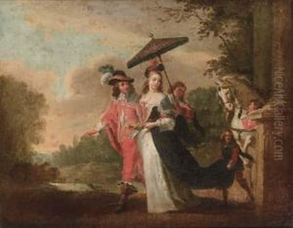 Elegant Figures In A Garden Oil Painting by Remigius Van Leemput