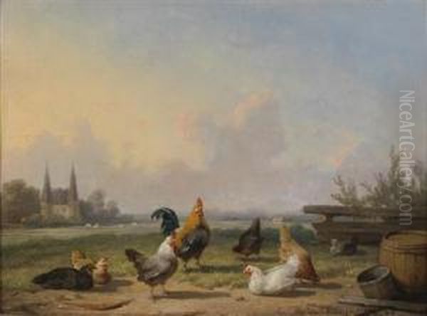 Chickens In An Open Landscape Oil Painting by Cornelis van Leemputten