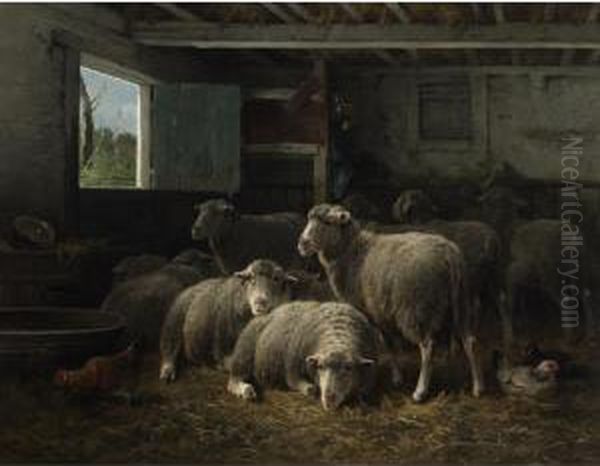 Sheep In A Barn Oil Painting by Cornelis van Leemputten