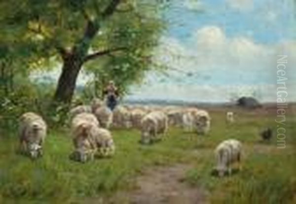 Shepherdess With Flock And Dog In A Widelandscape Oil Painting by Cornelis van Leemputten