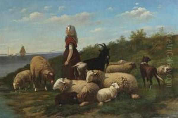 Shepherdess With Flock Of Sheep Near The Water Oil Painting by Frans Van Leemputten