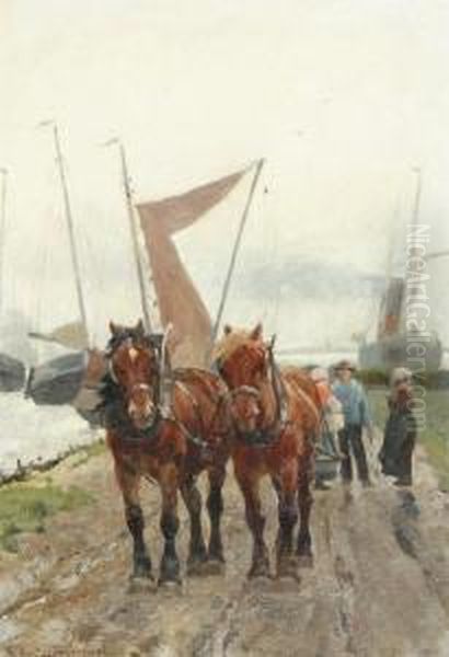 Horse Team With Figures Oil Painting by Frans Van Leemputten