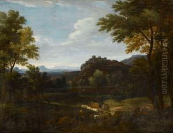 Bloemen, Circa 1662-1740 An Uplandlandscape, Drovers And Cattle In Foreground, Fortified Village Onhilltop Beyond, Oil On Canvas, 50cm By 64cm Oil Painting by Jean Francois Van Leemputten