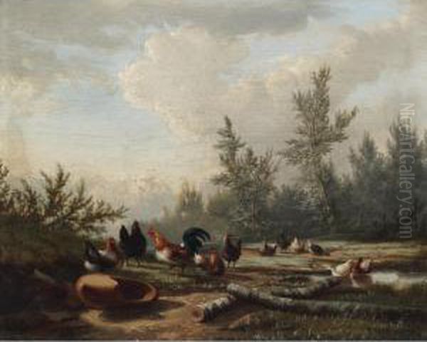 Poultry And Ducks By A Pond Oil Painting by Jean-Baptiste Van Leemputten