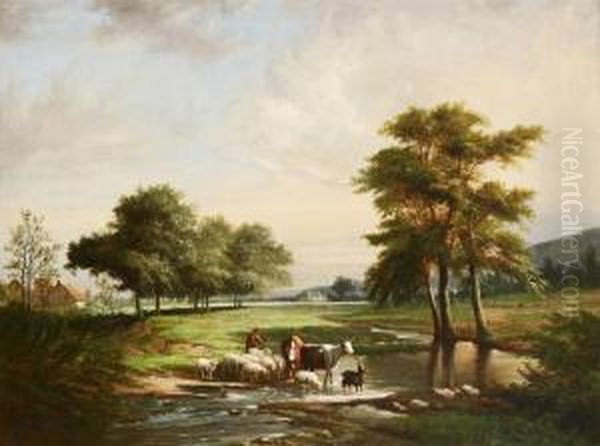 Shepherd With Cattle Crossing The River Oil Painting by Jean-Baptiste Van Leemputten