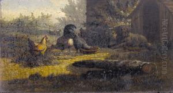 Huhner Mit Hund Vor Einer Hutte Oil Painting by Jean-Baptiste Van Leemputten