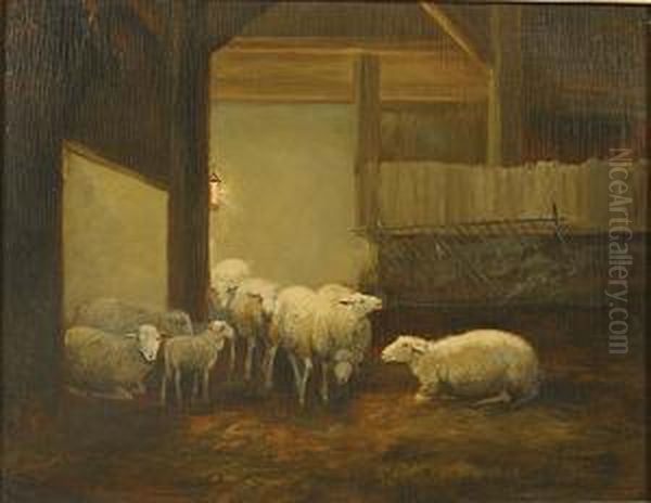 Schapen In De Stal. Oil Painting by Jean-Baptiste Van Leemputten