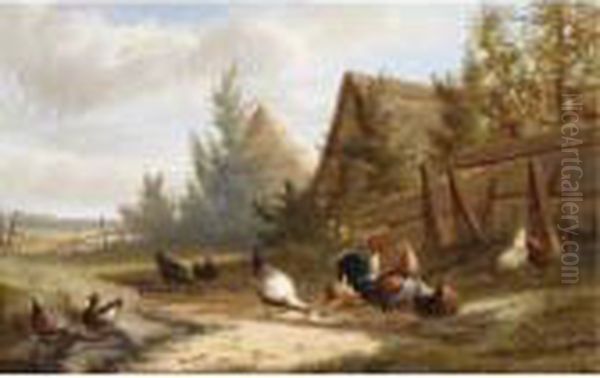 Poultry In A Summer Landscape Oil Painting by Jean-Baptiste Van Leemputten