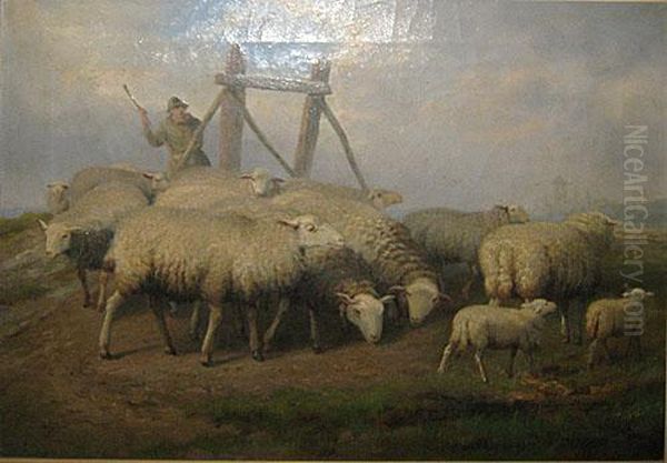 Berger Et Ses Moutons Oil Painting by Jef Louis Van Leemputten