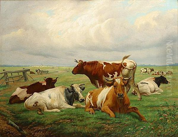 Vaches Au Pre Oil Painting by Jef Louis Van Leemputten