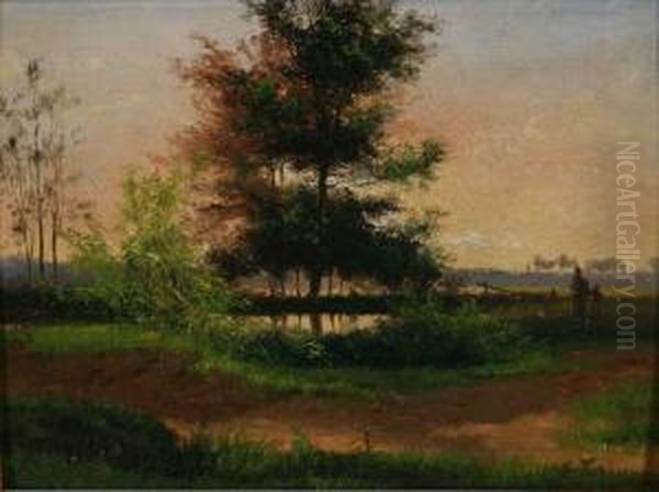 Landschap Met Wandelaars Bij Ondergaande Zon Oil Painting by Jef Louis Van Leemputten