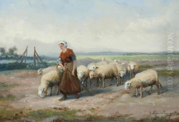 A Shepherdess With Her Flock Oil Painting by Jef Louis Van Leemputten