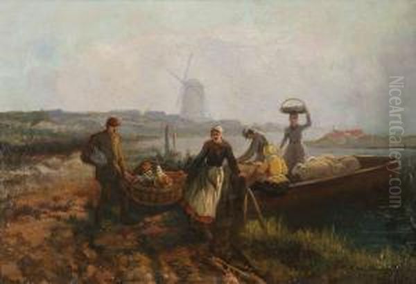 De Aankomst Van Het Veerbootje. Oil Painting by Johan Lodewijk Van Leemputten