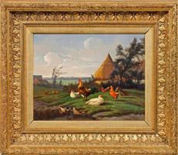 Vogelhof Mithuhnern Und Enten Vor Weiter Sommerlandschaft Oil Painting by Johan Lodewijk Van Leemputten