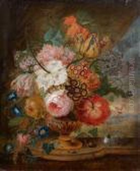 Bouquet De Fleurs Dans Un Vase A Godrons Mis Sur Un Entablement Devant Un Paysage Oil Painting by Willem van Leen