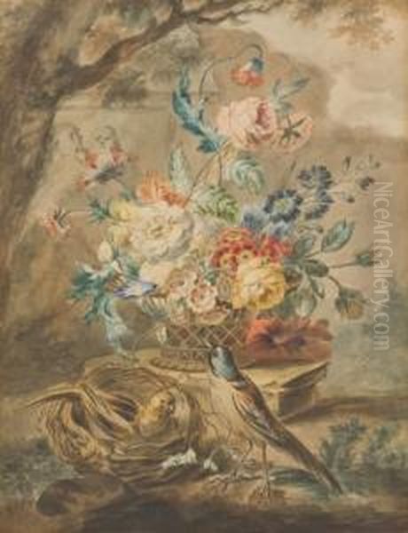 Stilleben Mit Vogelnest Und Blumenbouquet In Bastkorb Oil Painting by Willem van Leen