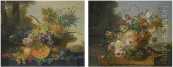 Still Life With A Basket Of Flowers, A Bird's Nest And A Songbird,all Arranged On A Marble Plinth, The City Of Rotterdam Beyond, Withthe Tower Of The Laurenskerk; Still Life With A Basket Of Fruit On A Ledge Before A Landscape,including A Pineapple, Bunch Oil Painting by Willem van Leen