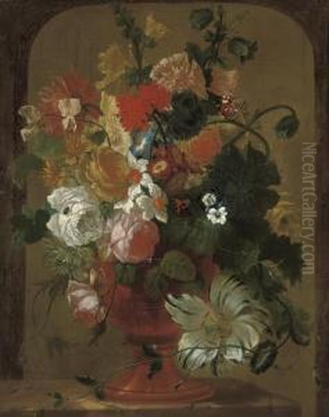 Roses, Hollyhocks, Narcissi, Carnations, Camelias, Pansies, A Tulipand Other Flowers In An Urn, On A Stone Ledge, With Red Admiralbutterflies Oil Painting by Willem van Leen