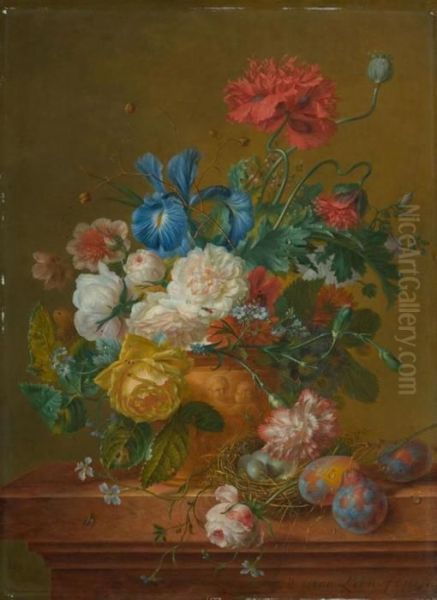 Still Life With Flowers And Bird's Nest. 1819 Oil Painting by Willem van Leen