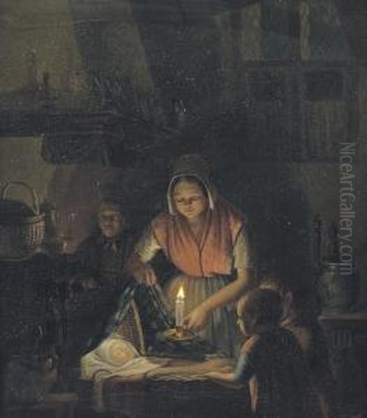 Admiring The Newborn By Candlelight Oil Painting by Thomas Van Leent