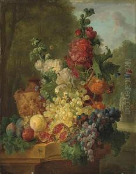 Pomegranates, Grapes, Figs, Flowers And A Sculpted Urn, On A Stoneledge, In A Garden Oil Painting by Gerrit Johan Van Leeuwen