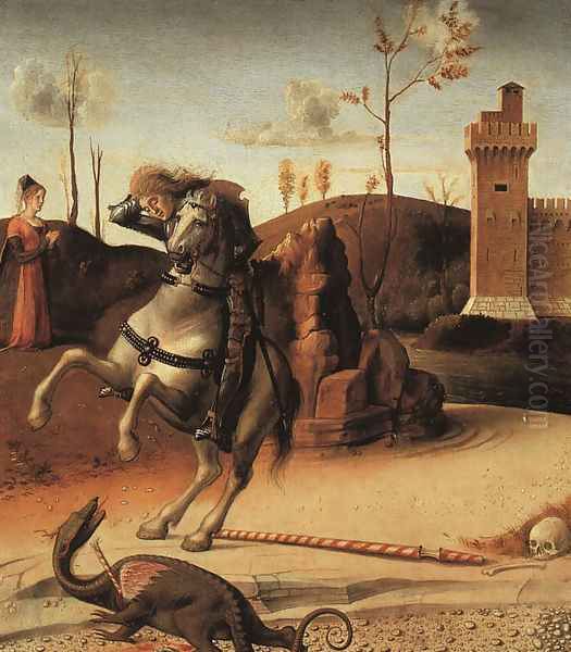 Pesaro Altarpiece, detail of the predella featuring St. George Fighting the Dragon 1470s Oil Painting by Giovanni Bellini