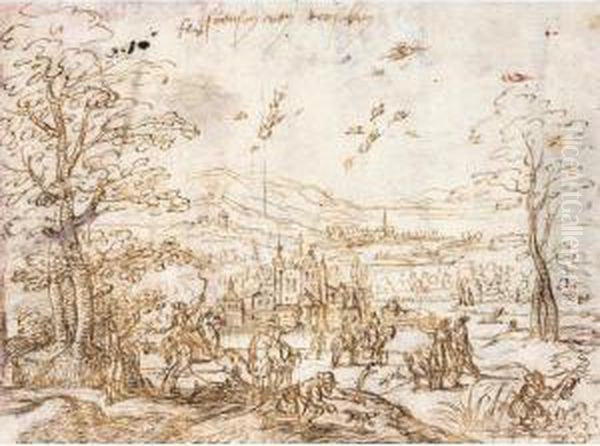 A Hunting Party In A Wooded Landscape Oil Painting by Jan Van Leyden