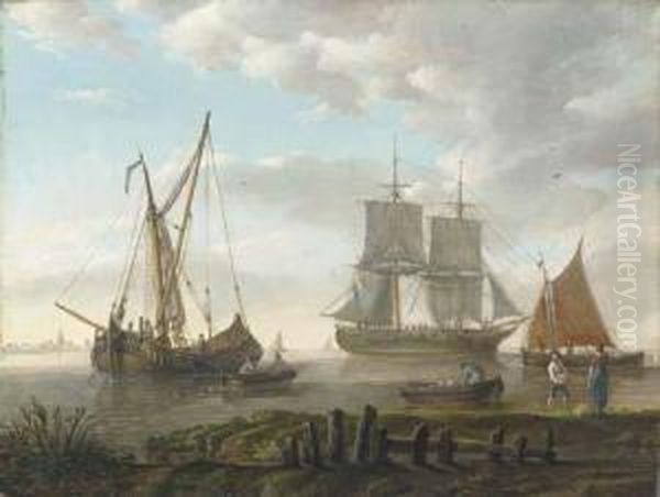 A Dutch Warship And Fishing Craft Off A Coast Oil Painting by Jan Van Leyden