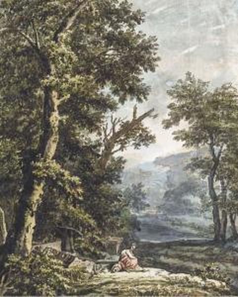 Un Paysage Boise Avec Un Lac, Une Femme Assise Au Pied D'un Chene Au Premier Plan Oil Painting by Jacobus Van Liender